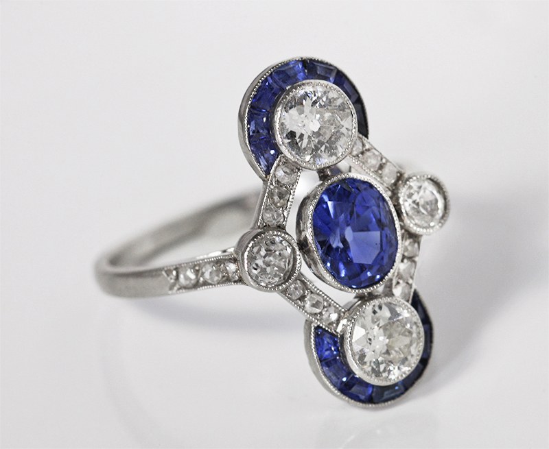 Bague De Fiançailles Style Art Déco En Argent 925 - Sertie De CZ émeraude Et Saphirs, Fait Main